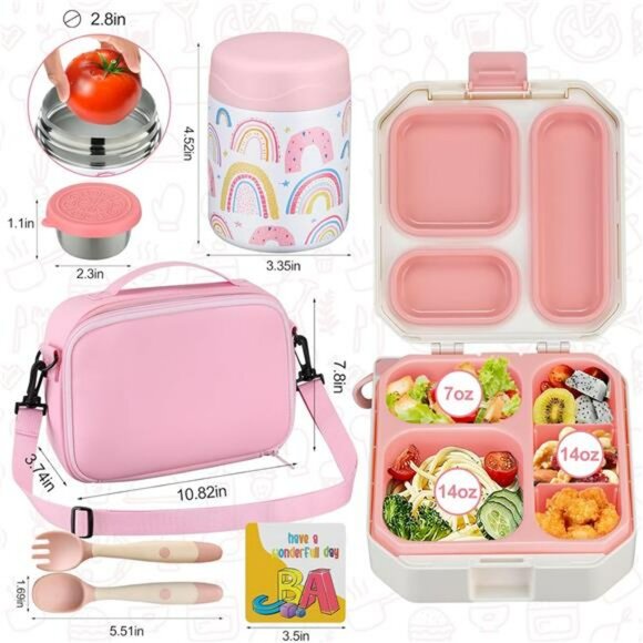 Kids bento lunch box set with thermos insulated bag leakproof food container - Picture 2 of 8